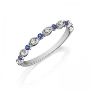 Milgrain Diamond and Blue Sapphire Wedding Band 18K White Gold