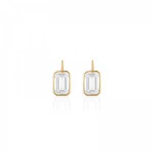 Moon Quartz Emerald Cut Earrings On French Wire In 18K Yellow Gold.