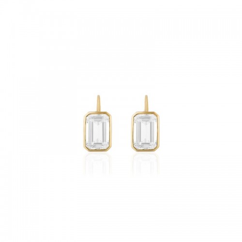 Moon Quartz Emerald Cut Earrings On French Wire In 18K Yellow Gold.