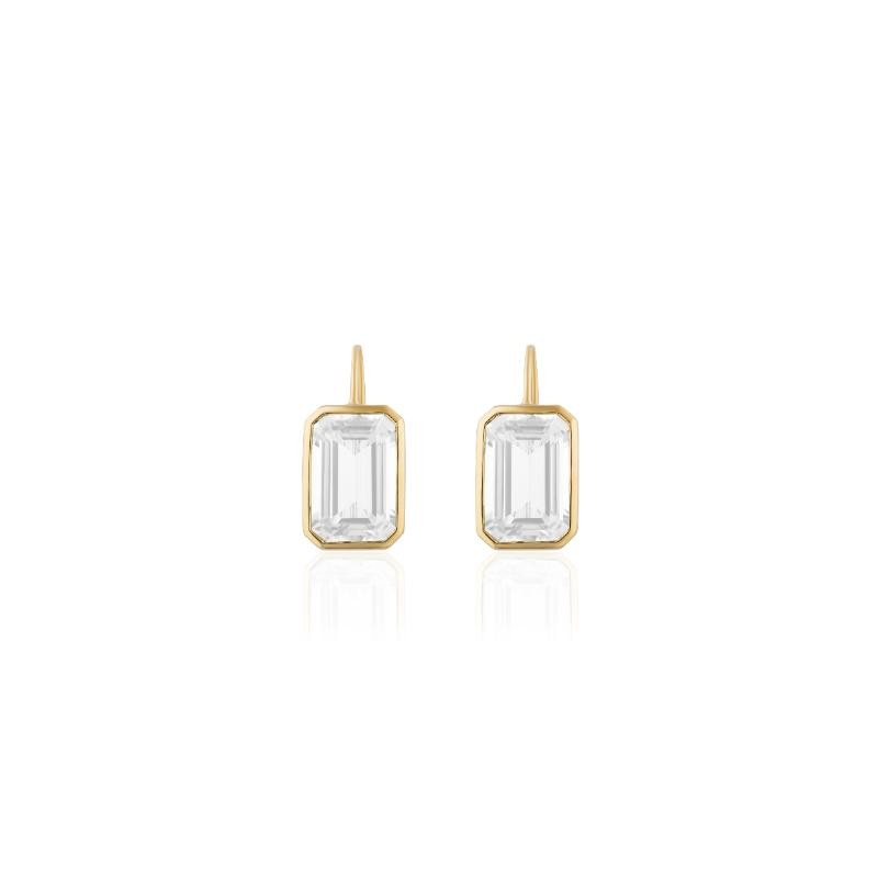 Moon Quartz Emerald Cut Earrings On French Wire In 18K Yellow Gold.