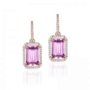 Lavender Amethyst Emerald Cut Diamond Hoop Earrings In 18K Rose Gold.