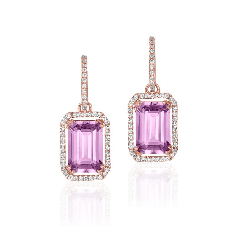 Lavender Amethyst Emerald Cut Diamond Hoop Earrings In 18K Rose Gold.