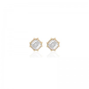 Moon Quartz Asscher Cut Studs with Diamond in 18K Yellow Gold.
