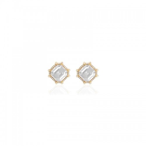 Moon Quartz Asscher Cut Studs with Diamond in 18K Yellow Gold.