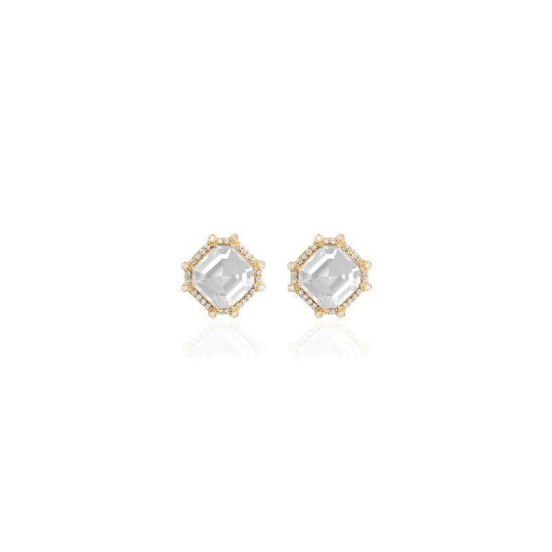 Moon Quartz Asscher Cut Studs with Diamond in 18K Yellow Gold.