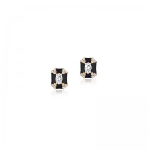 Rectangular Diamond Studs With Black Enamel In 18K Yellow Gold.