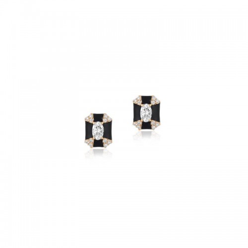 Rectangular Diamond Studs With Black Enamel In 18K Yellow Gold.