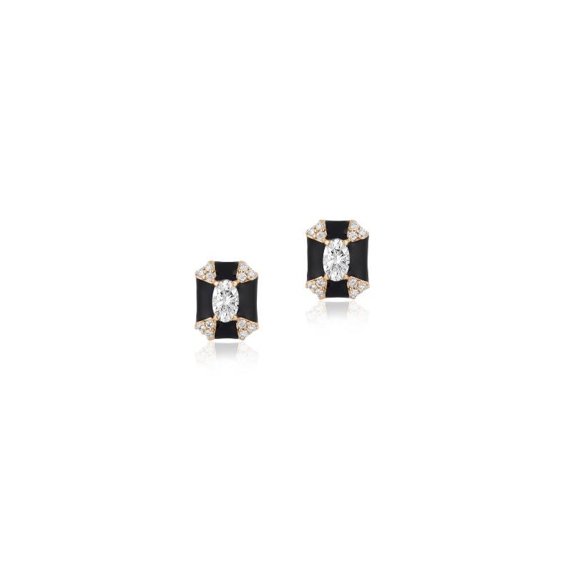 Rectangular Diamond Studs With Black Enamel In 18K Yellow Gold.