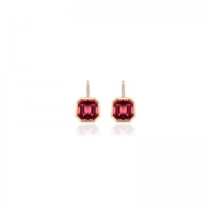 Garnet Asscher Cut Earrings On French Wire with Diamond in 18K Yellow Gold.