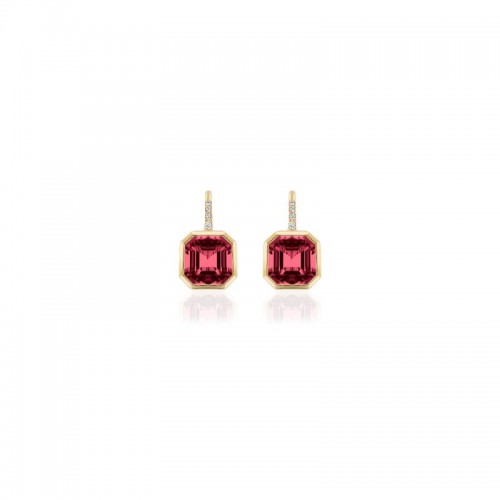 Garnet Asscher Cut Earrings On French Wire with Diamond in 18K Yellow Gold.