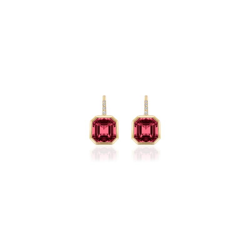 Garnet Asscher Cut Earrings On French Wire with Diamond in 18K Yellow Gold.