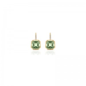 Prasiolite Asscher Cut Earrings On French Wire with Diamond in 18K Yellow Gold.