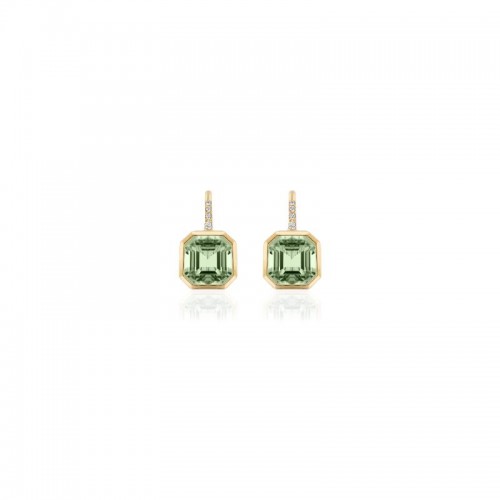Prasiolite Asscher Cut Earrings On French Wire with Diamond in 18K Yellow Gold.