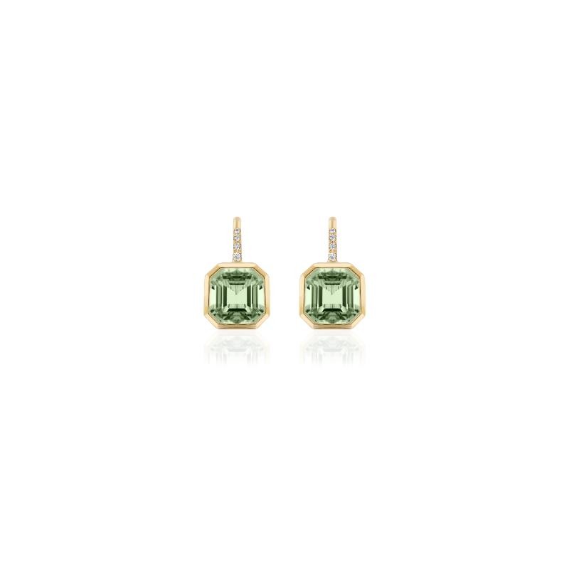 Prasiolite Asscher Cut Earrings On French Wire with Diamond in 18K Yellow Gold.