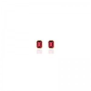 Garnet Emerald Cut Bezel Studs In 18K Yellow Gold.