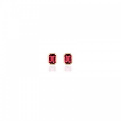 Garnet Emerald Cut Bezel Studs In 18K Yellow Gold.