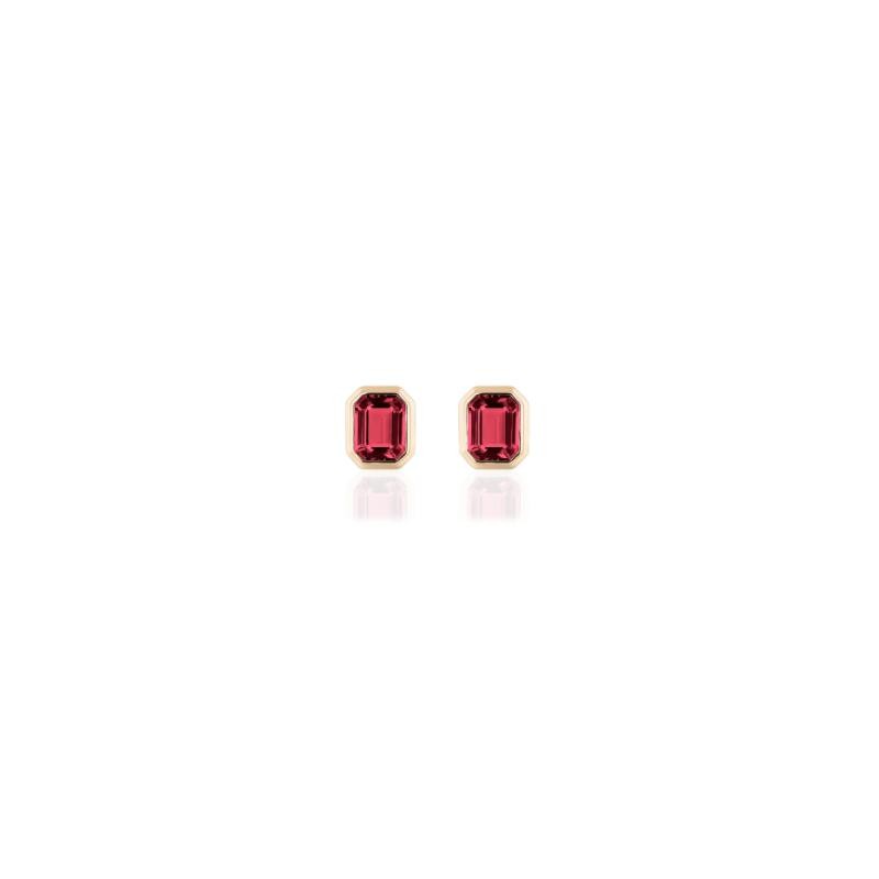 Garnet Emerald Cut Bezel Studs In 18K Yellow Gold.