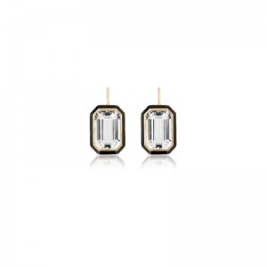 Rock Cystal Emerald Cut Earrings With Black Enamel In 18K Yellow Gold.