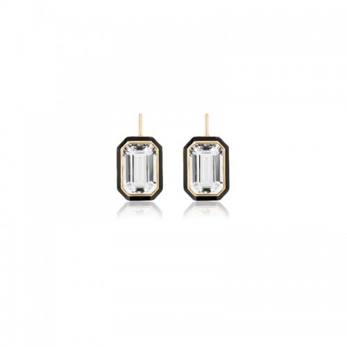 Rock Cystal Emerald Cut Earrings With Black Enamel In 18K Yellow Gold.