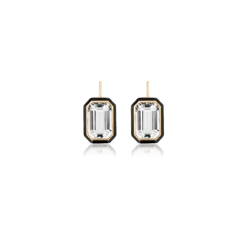 Rock Cystal Emerald Cut Earrings With Black Enamel In 18K Yellow Gold.