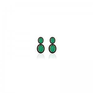 2 Tier Emerald Oval Earrings with Black Enamel in 18K Yellow Gold.