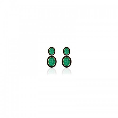 2 Tier Emerald Oval Earrings with Black Enamel in 18K Yellow Gold.