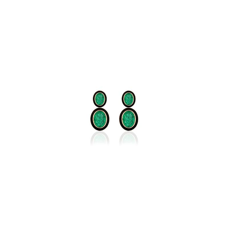 2 Tier Emerald Oval Earrings with Black Enamel in 18K Yellow Gold.