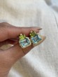Blue Topaz & Peridot 2 Stone Emerald Cut Earrings with Diamond in 18K Yellow Gold.