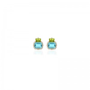 Blue Topaz & Peridot 2 Stone Emerald Cut Earrings with Diamond in 18K Yellow Gold.