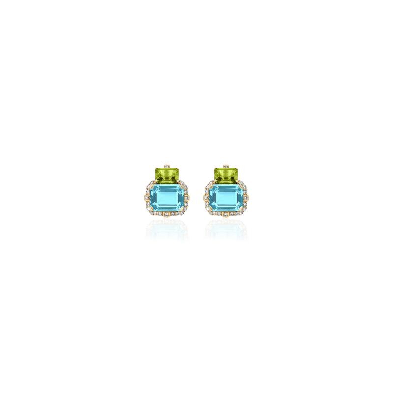 Blue Topaz & Peridot 2 Stone Emerald Cut Earrings with Diamond in 18K Yellow Gold.