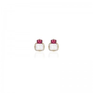 Moon Quartz & Garnet 2 Stone Emerald Cut Earrings with Diamond in 18K Yellow Gold.