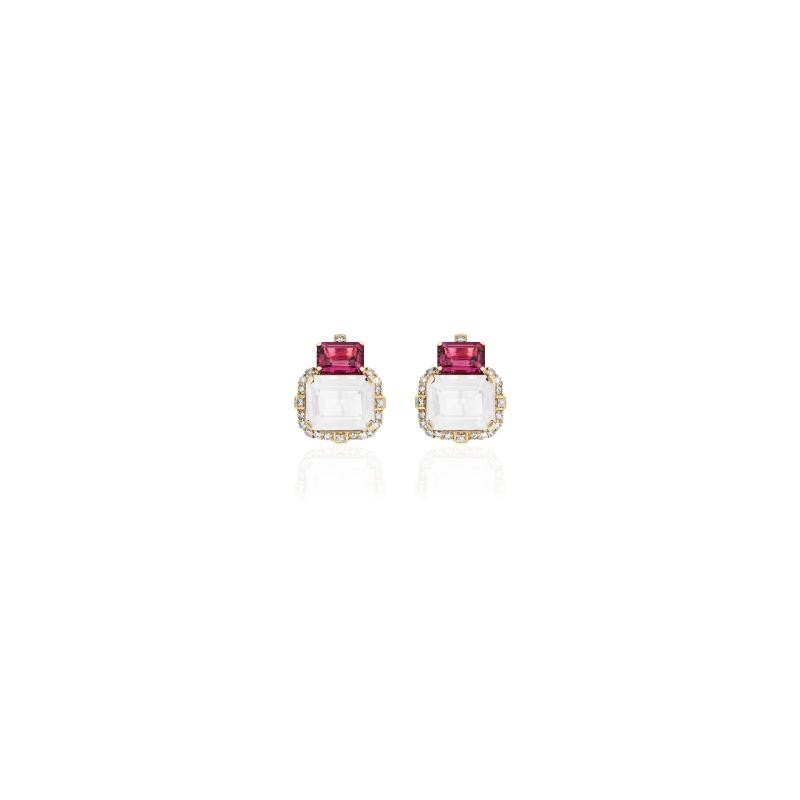 Moon Quartz & Garnet 2 Stone Emerald Cut Earrings with Diamond in 18K Yellow Gold.