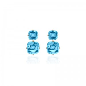 Blue Topaz 2 Tier Cushion Cut Earrings in 18K Yellow Gold.