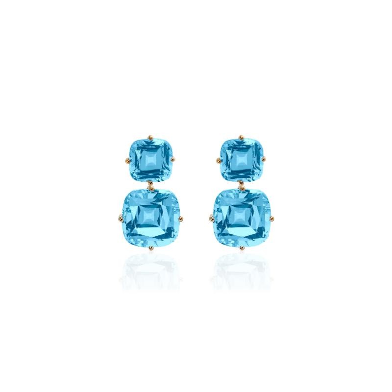 Blue Topaz 2 Tier Cushion Cut Earrings in 18K Yellow Gold.