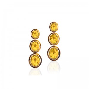 3 Tier Oval Citrine Earrings With Tiger Eye Inlay In 18K Yellow Gold.