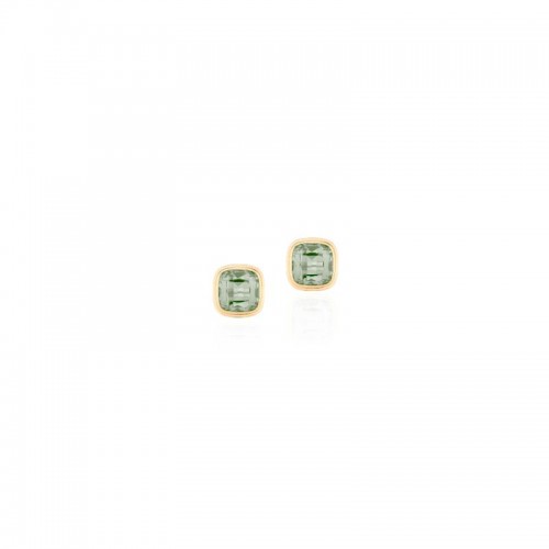Prasiolite Cushion Bezel Studs In 18K Yellow Gold.