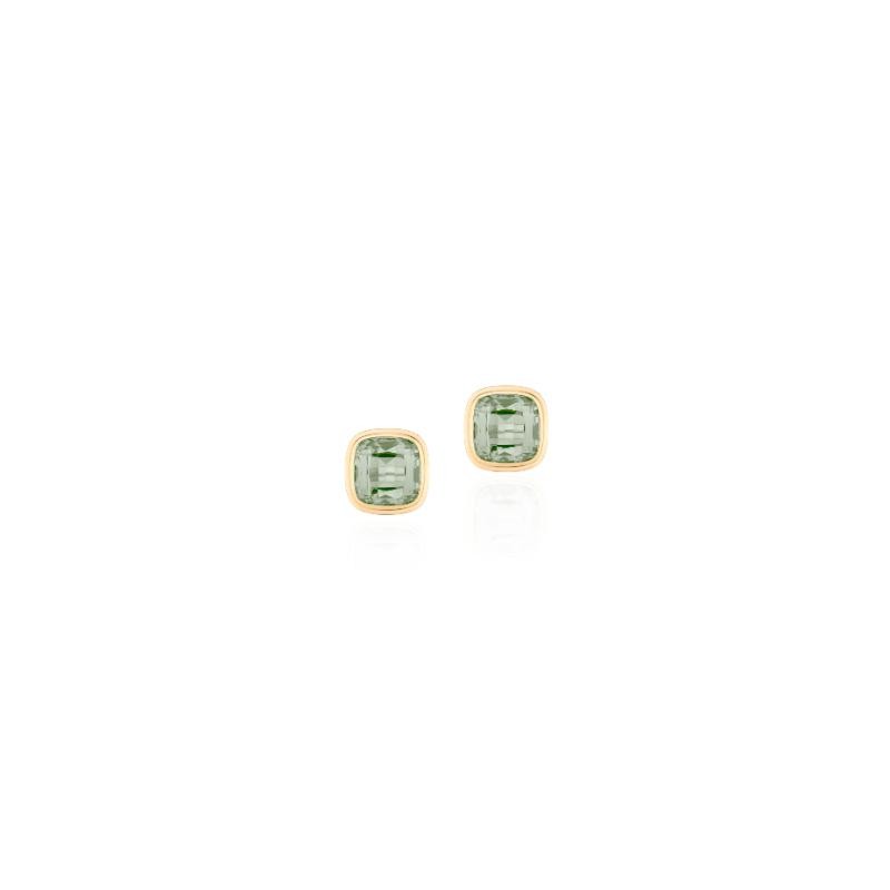 Prasiolite Cushion Bezel Studs In 18K Yellow Gold.