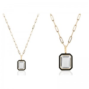 Rock Crystal Emerald Cut Pendant With Black Enamel In 18K Yellow Gold.