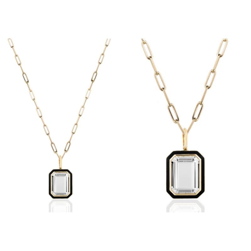 Rock Crystal Emerald Cut Pendant With Black Enamel In 18K Yellow Gold.