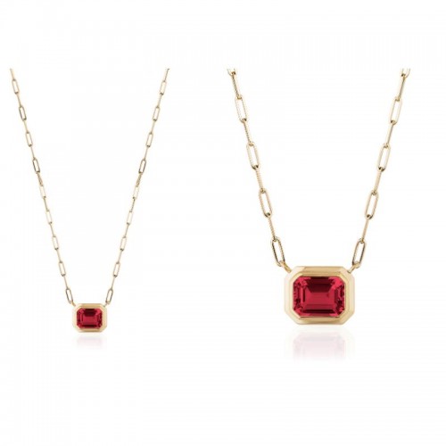 Garnet Emerald Cut Bezel Pendant In 18K Yellow Gold.