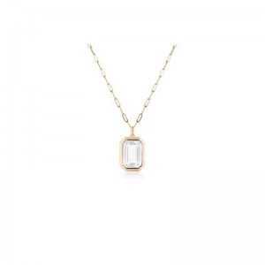 Moon Quartz Emerald Cut Bezel Pendant In 18K Yellow Gold.