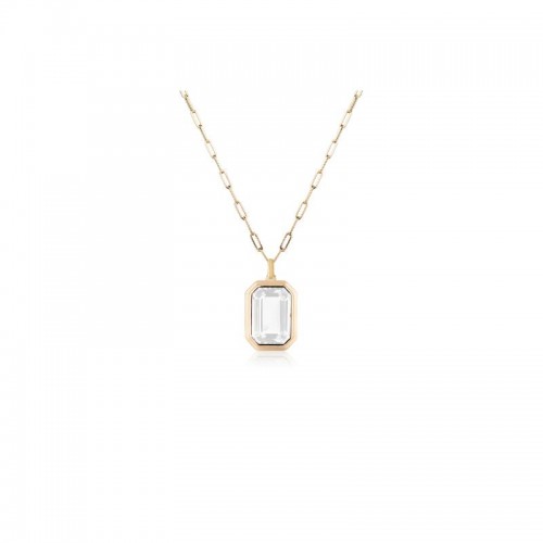 Moon Quartz Emerald Cut Bezel Pendant In 18K Yellow Gold.