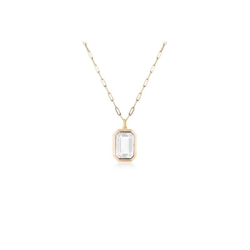 Moon Quartz Emerald Cut Bezel Pendant In 18K Yellow Gold.