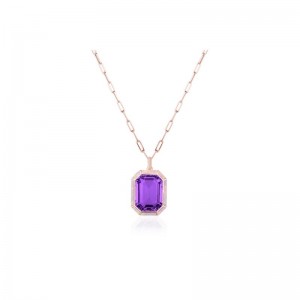 Amethyst Emerald Cut Pendant With Pink Opal Inlay In 18K Rose Gold.