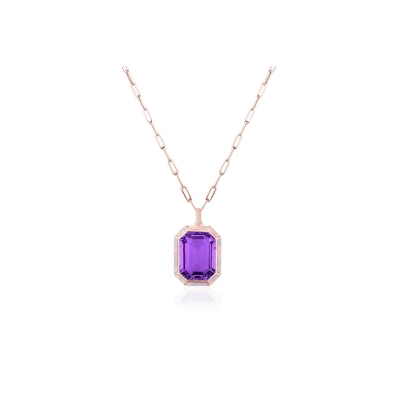 Amethyst Emerald Cut Pendant With Pink Opal Inlay In 18K Rose Gold.