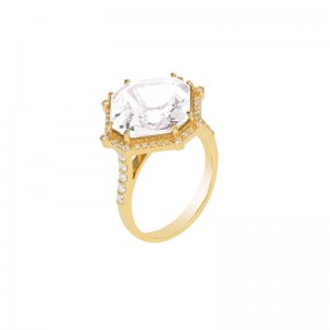 Moon Quartz Asscher Cut Ring with Diamond in 18K Yellow Gold.