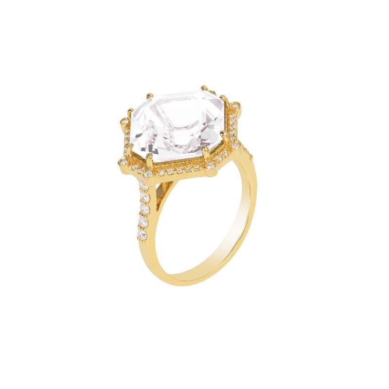 Moon Quartz Asscher Cut Ring with Diamond in 18K Yellow Gold.