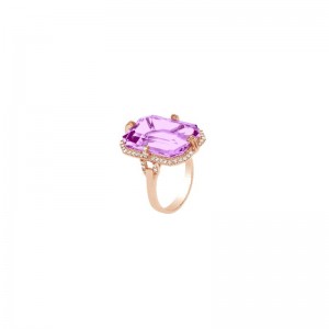 Lavender Amethyst Emerald Cut Ring with Diamond in 18K Rose Gold.