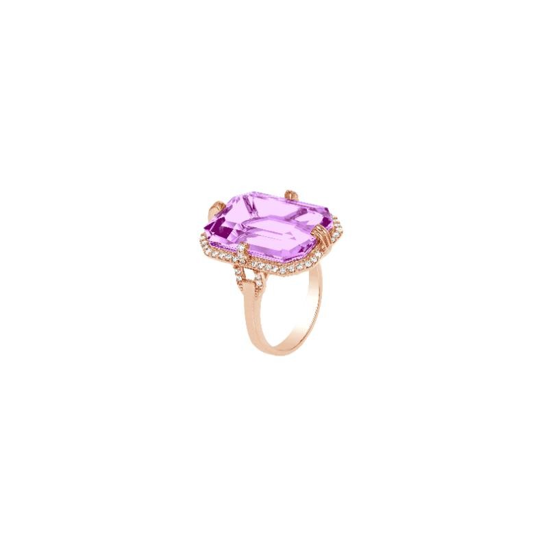 Lavender Amethyst Emerald Cut Ring with Diamond in 18K Rose Gold.
