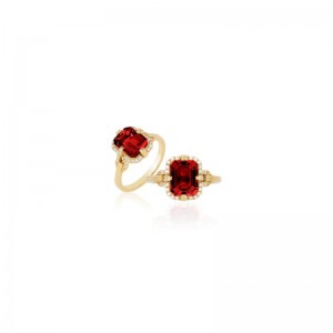 Garnet Emerald Cut Ring with Diamonds in 18K Yellow Gold.